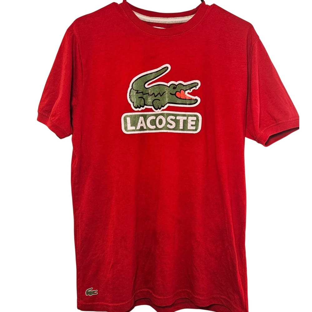 Lacoste Men's XL Red T Shirt Big Crocodile Logo Distressed Graphic Ringer Tee